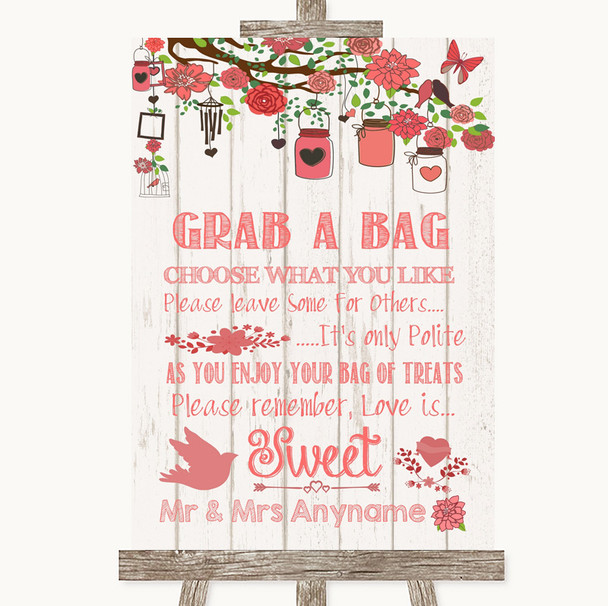 Coral Rustic Wood Grab A Bag Candy Buffet Cart Sweets Personalized Wedding Sign