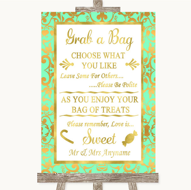 Mint Green & Gold Grab A Bag Candy Buffet Cart Sweets Personalized Wedding Sign