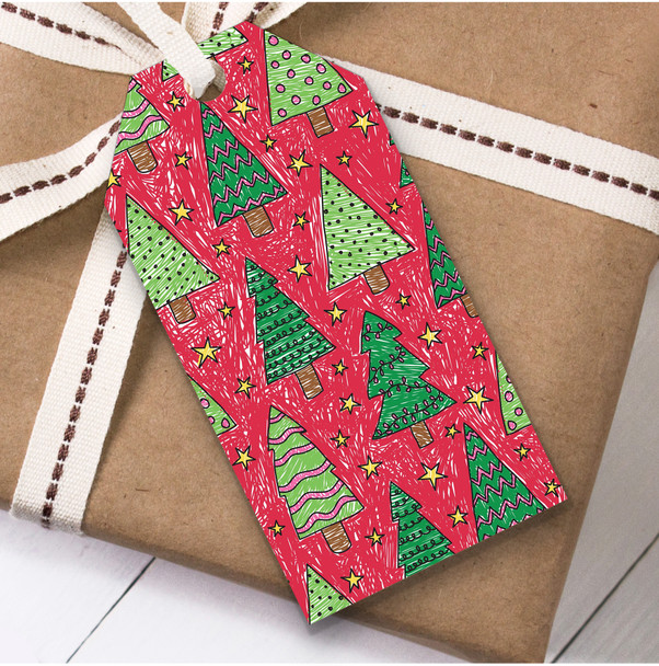 Red Doodle Trees Christmas Gift Tags