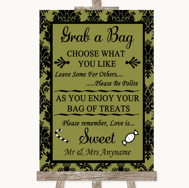 Olive Green Damask Grab A Bag Candy Buffet Cart Sweets Personalized Wedding Sign