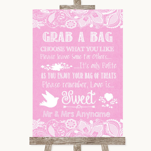 Pink Burlap & Lace Grab A Bag Candy Buffet Cart Sweets Personalized Wedding Sign
