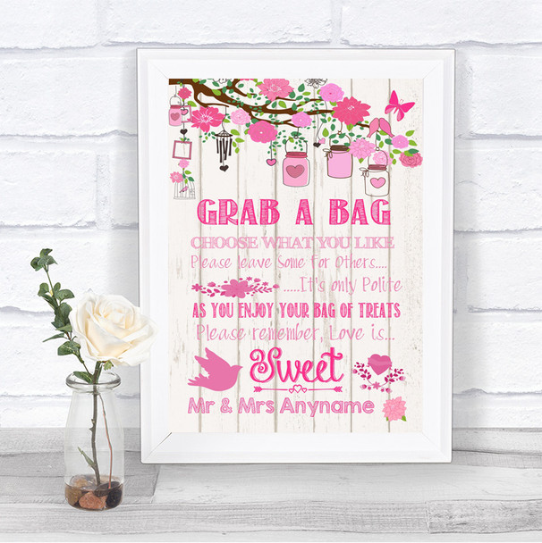 Pink Rustic Wood Grab A Bag Candy Buffet Cart Sweets Personalized Wedding Sign