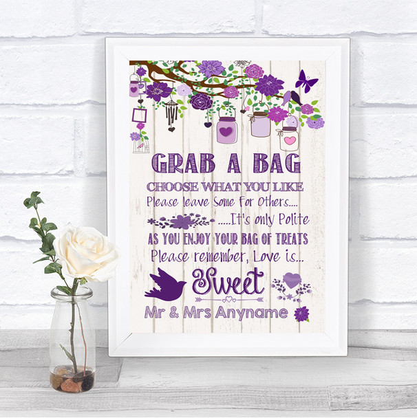 Purple Rustic Wood Grab A Bag Candy Buffet Cart Sweets Personalized Wedding Sign
