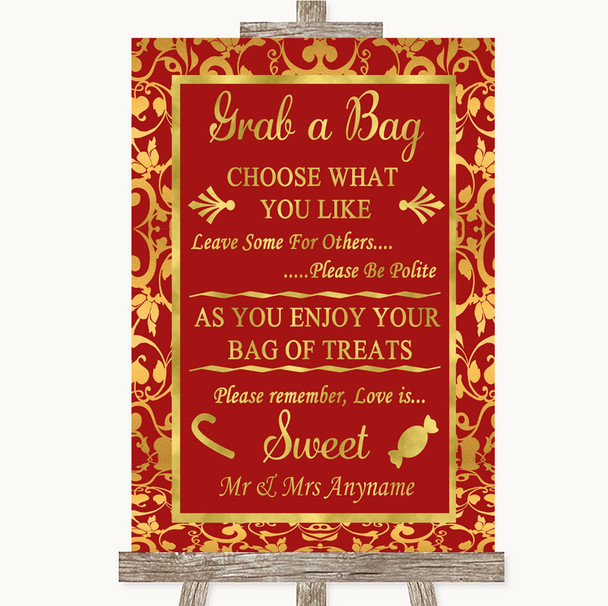 Red & Gold Grab A Bag Candy Buffet Cart Sweets Personalized Wedding Sign