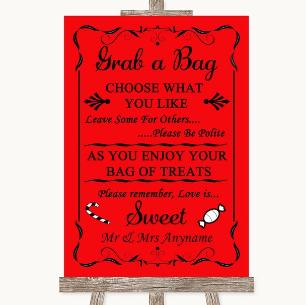 Red Grab A Bag Candy Buffet Cart Sweets Personalized Wedding Sign