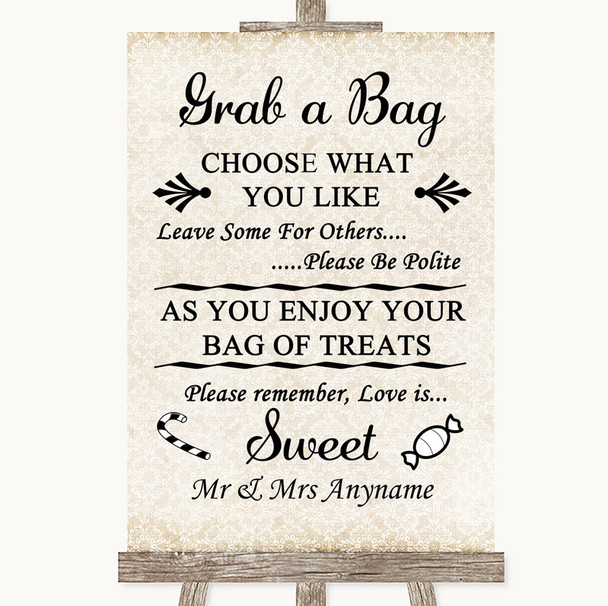 Shabby Chic Ivory Grab A Bag Candy Buffet Cart Sweets Personalized Wedding Sign