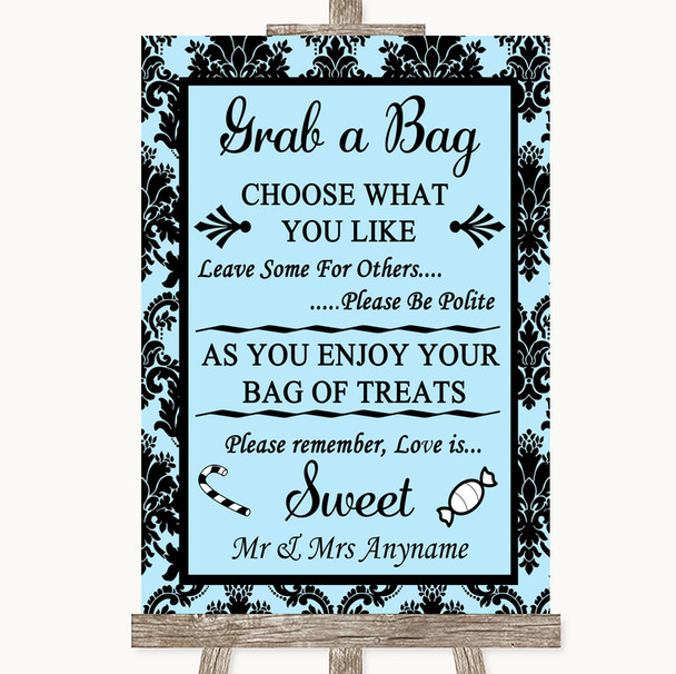Sky Blue Damask Grab A Bag Candy Buffet Cart Sweets Personalized Wedding Sign