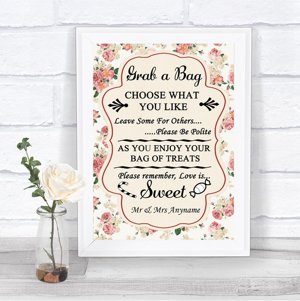 Vintage Roses Grab A Bag Candy Buffet Cart Sweets Personalized Wedding Sign