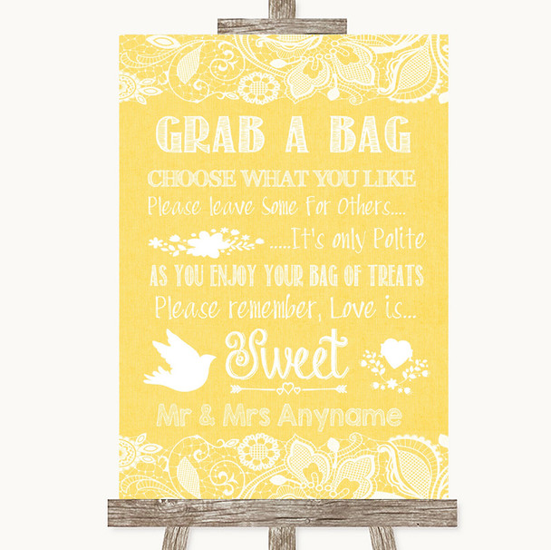 Yellow Burlap & Lace Grab A Bag Candy Buffet Cart Sweets Wedding Sign