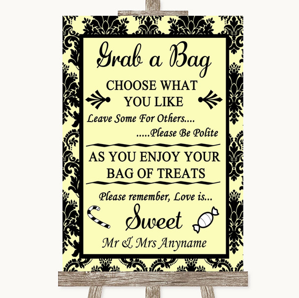 Yellow Damask Grab A Bag Candy Buffet Cart Sweets Personalized Wedding Sign