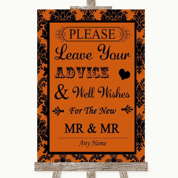 Burnt Orange Damask Guestbook Advice & Wishes Gay Personalized Wedding Sign