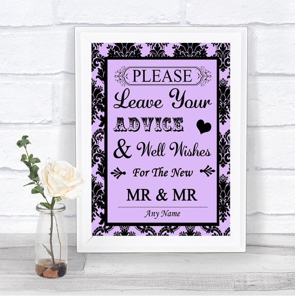 Lilac Damask Guestbook Advice & Wishes Gay Personalized Wedding Sign