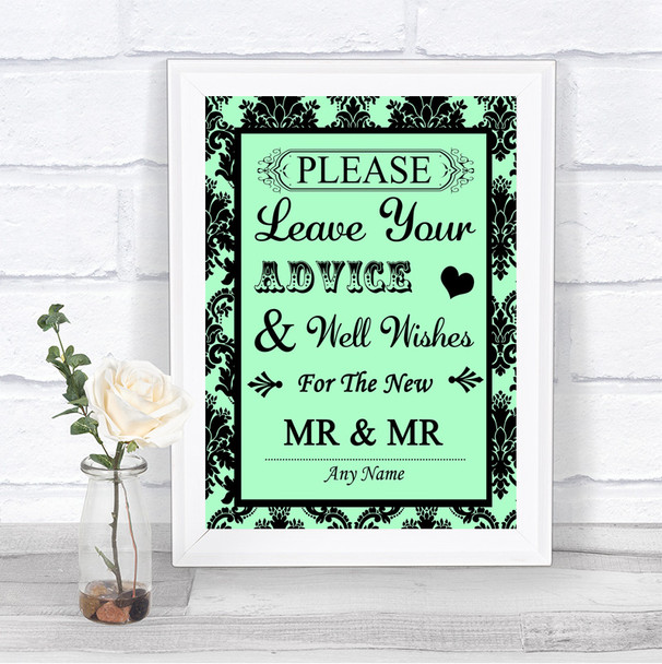 Mint Green Damask Guestbook Advice & Wishes Gay Personalized Wedding Sign