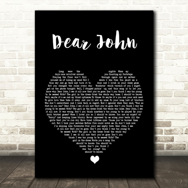 Taylor Swift Dear John Black Heart Song Lyric Print