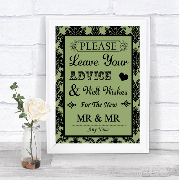Sage Green Damask Guestbook Advice & Wishes Gay Personalized Wedding Sign