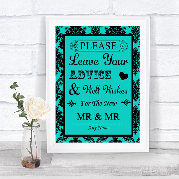 Turquoise Damask Guestbook Advice & Wishes Gay Personalized Wedding Sign