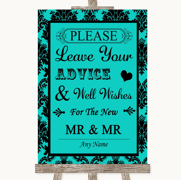 Turquoise Damask Guestbook Advice & Wishes Gay Personalized Wedding Sign