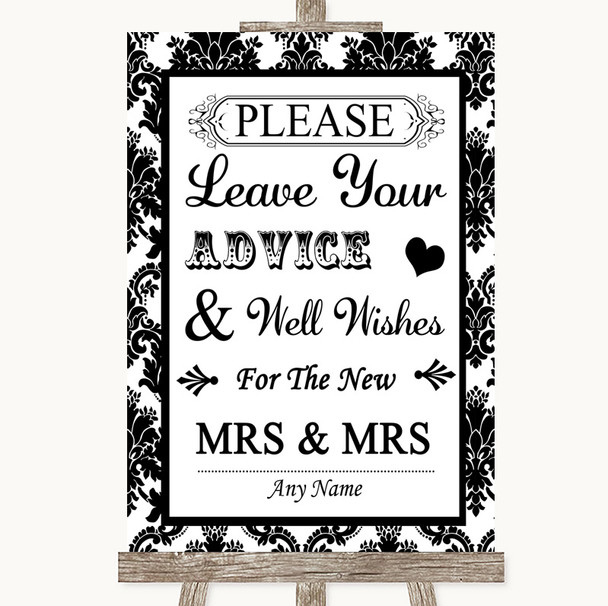 Black & White Damask Guestbook Advice & Wishes Lesbian Personalized Wedding Sign