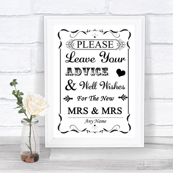 Black & White Guestbook Advice & Wishes Lesbian Personalized Wedding Sign