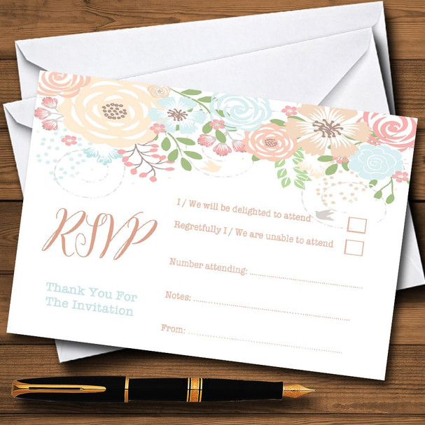 Coral Peach & Blue Watercolour Floral Header Personalized RSVP Cards