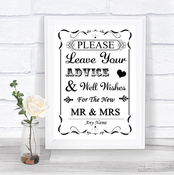 Black & White Guestbook Advice & Wishes Mr & Mrs Personalized Wedding Sign