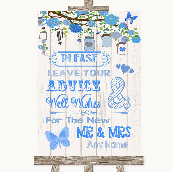 Blue Rustic Wood Guestbook Advice & Wishes Mr & Mrs Personalized Wedding Sign