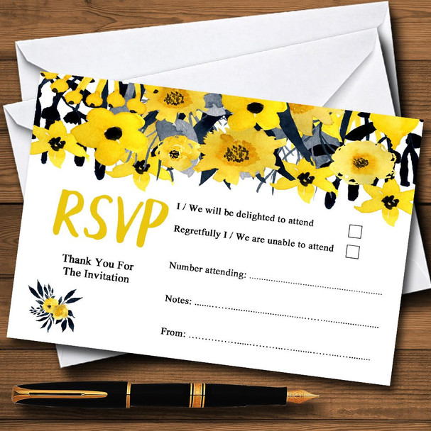 Black & Yellow Watercolour Flowers Personalized RSVP Cards