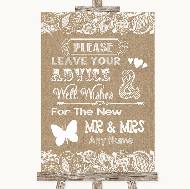 Burlap & Lace Guestbook Advice & Wishes Mr & Mrs Personalized Wedding Sign