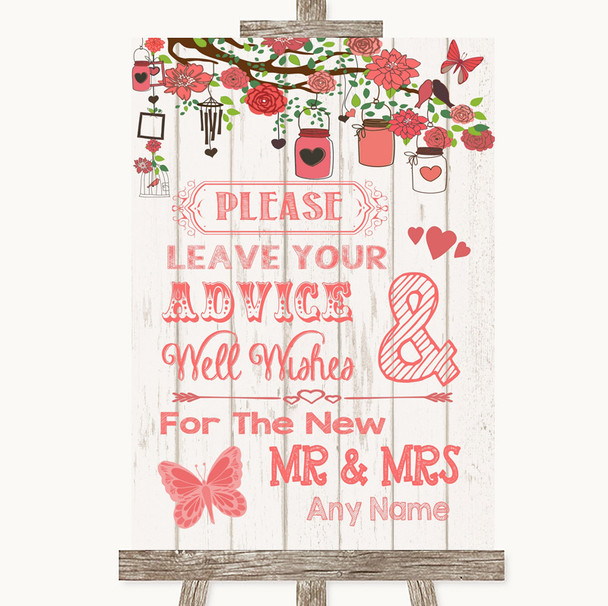 Coral Rustic Wood Guestbook Advice & Wishes Mr & Mrs Personalized Wedding Sign