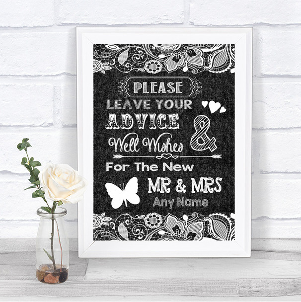 Dark Grey Burlap & Lace Guestbook Advice & Wishes Mr & Mrs Wedding Sign