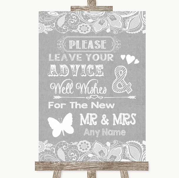 Grey Burlap & Lace Guestbook Advice & Wishes Mr & Mrs Personalized Wedding Sign