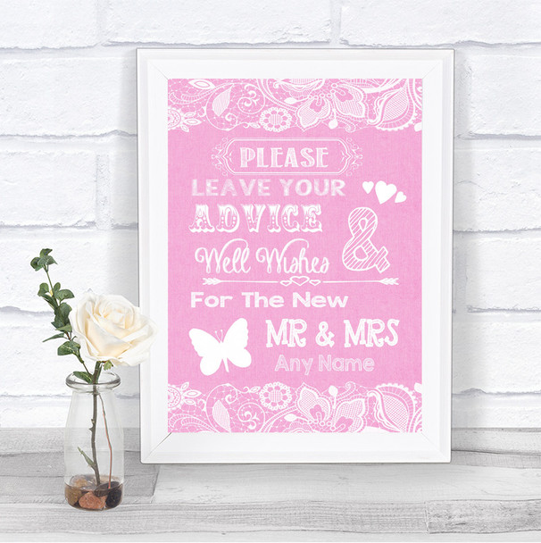 Pink Burlap & Lace Guestbook Advice & Wishes Mr & Mrs Personalized Wedding Sign