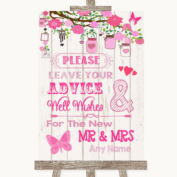 Pink Rustic Wood Guestbook Advice & Wishes Mr & Mrs Personalized Wedding Sign
