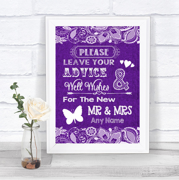 Purple Burlap & Lace Guestbook Advice & Wishes Mr & Mrs Wedding Sign