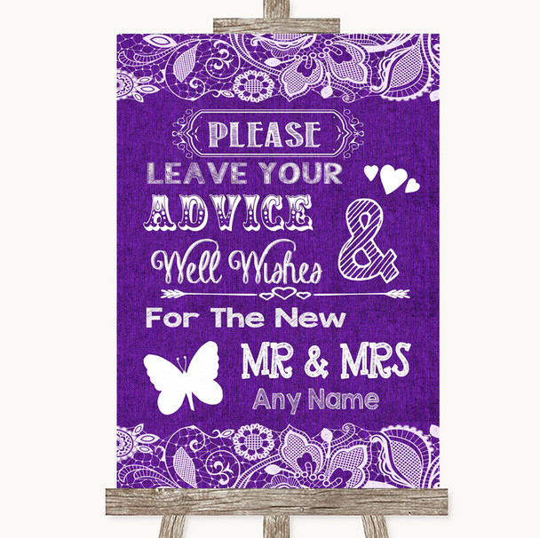 Purple Burlap & Lace Guestbook Advice & Wishes Mr & Mrs Wedding Sign