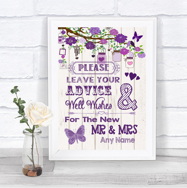 Purple Rustic Wood Guestbook Advice & Wishes Mr & Mrs Personalized Wedding Sign