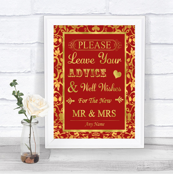 Red & Gold Guestbook Advice & Wishes Mr & Mrs Personalized Wedding Sign