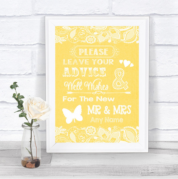 Yellow Burlap & Lace Guestbook Advice & Wishes Mr & Mrs Wedding Sign