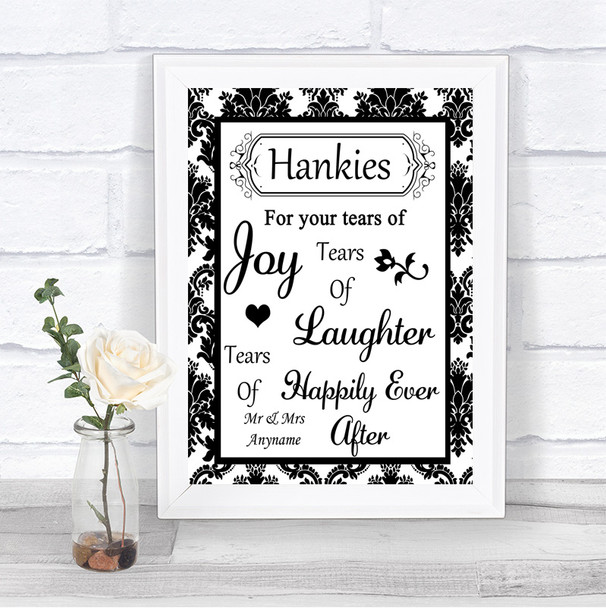 Black & White Damask Hankies And Tissues Personalized Wedding Sign