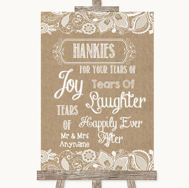 Burlap & Lace Hankies And Tissues Personalized Wedding Sign