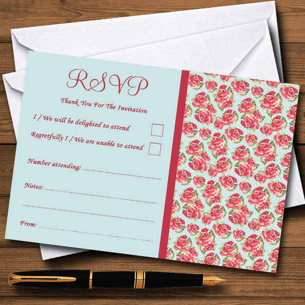 Blue And Coral Pink Floral Shabby Chic Chintz Personalized RSVP Cards