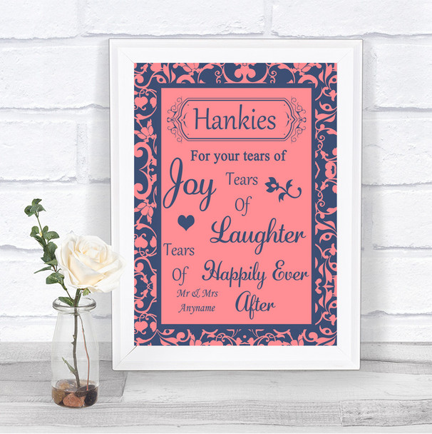 Coral Pink & Blue Hankies And Tissues Personalized Wedding Sign