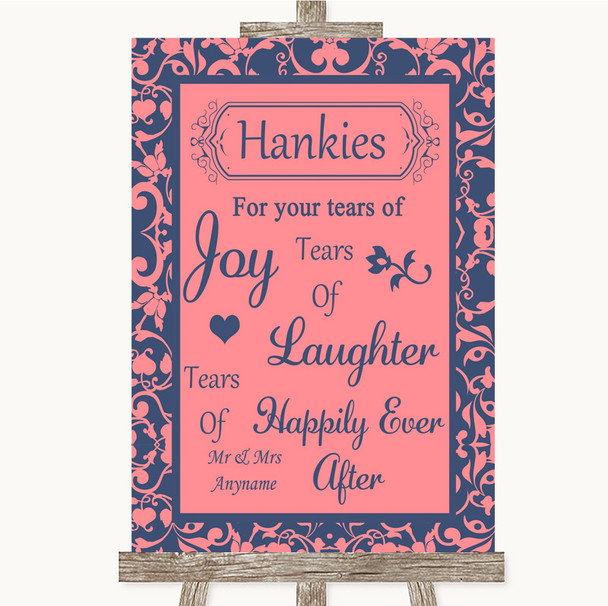 Coral Pink & Blue Hankies And Tissues Personalized Wedding Sign