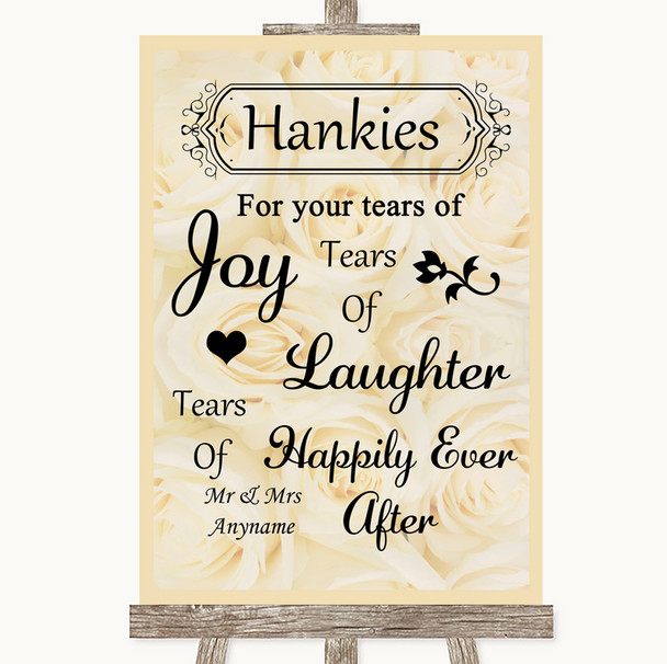 Cream Roses Hankies And Tissues Personalized Wedding Sign