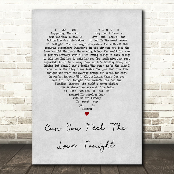 The Lion King Can You Feel The Love Tonight Grey Heart Song Lyric Print