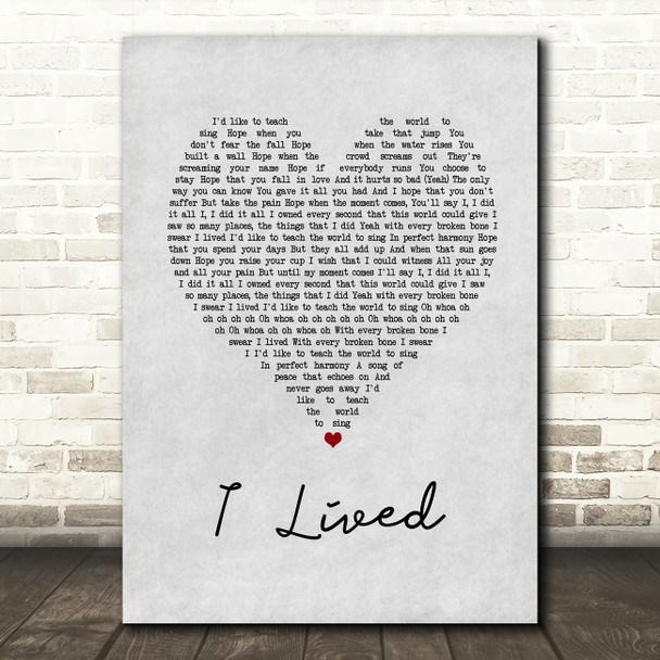 OneRepublic I Lived Grey Heart Song Lyric Print