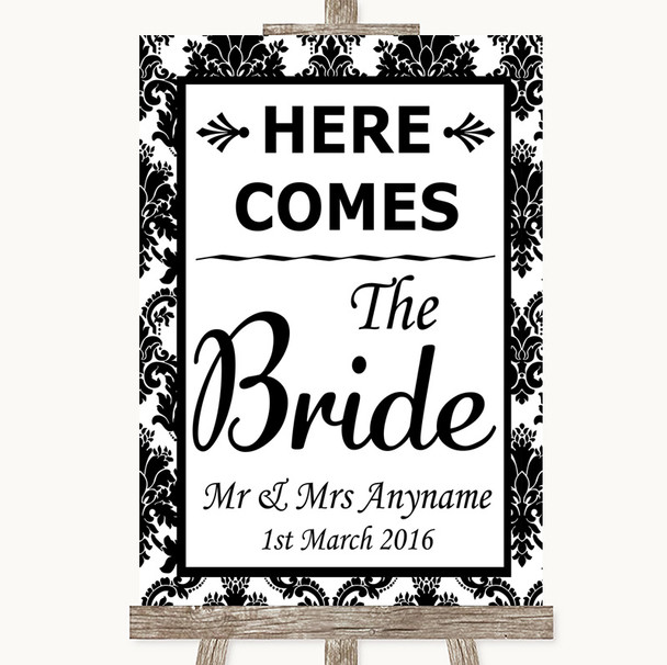 Black & White Damask Here Comes Bride Aisle Sign Personalized Wedding Sign