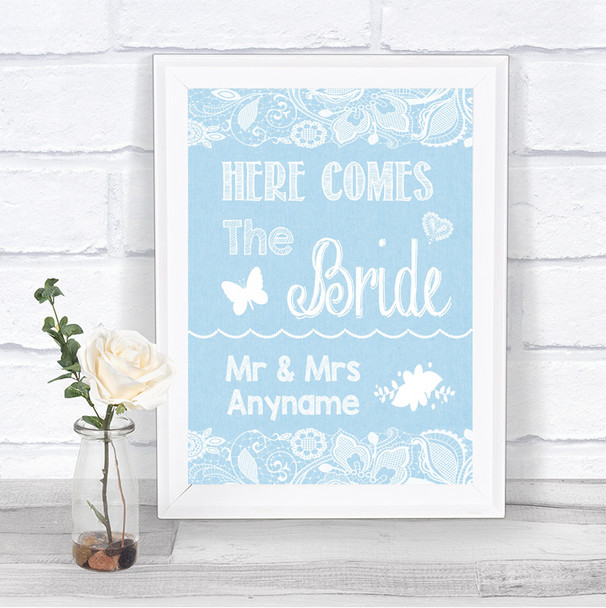 Blue Burlap & Lace Here Comes Bride Aisle Sign Personalized Wedding Sign