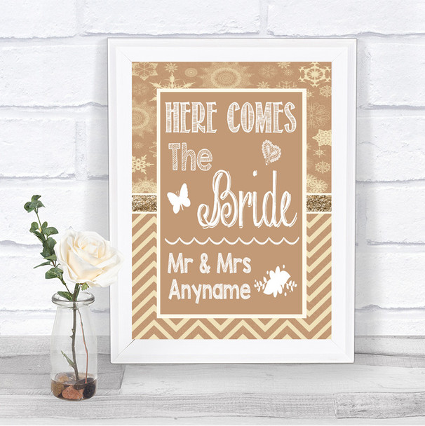 Brown Winter Here Comes Bride Aisle Sign Personalized Wedding Sign