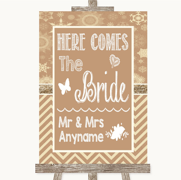 Brown Winter Here Comes Bride Aisle Sign Personalized Wedding Sign